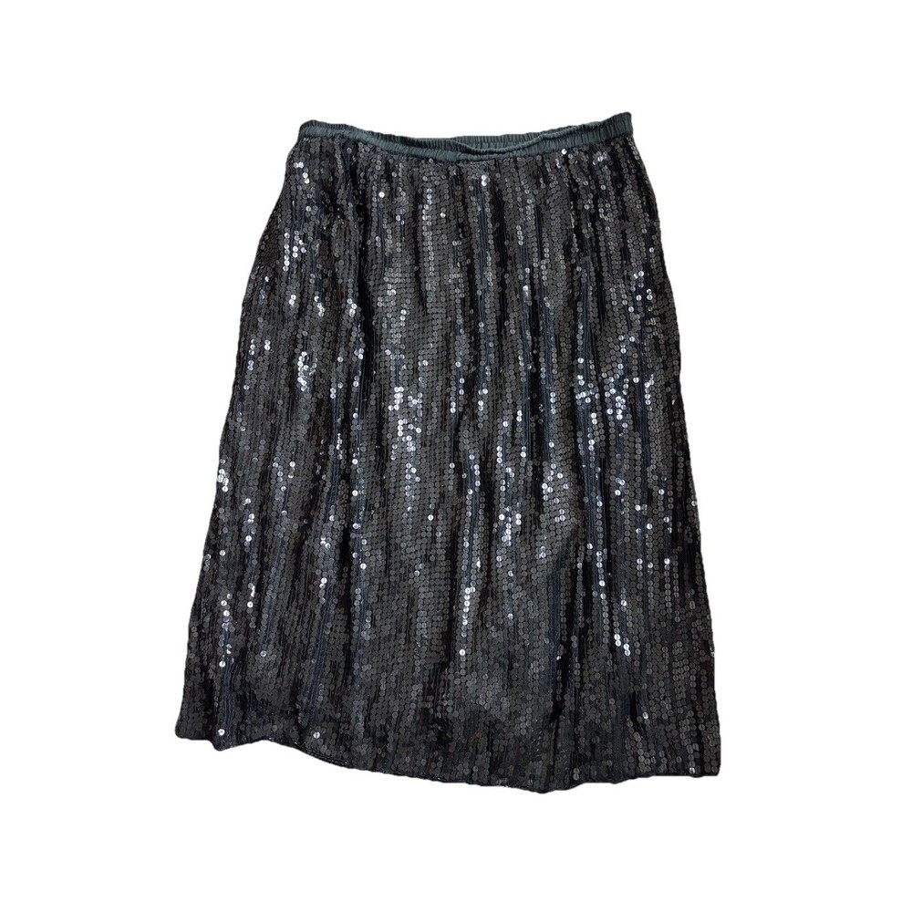 VTG 80s Royal 100% Silk Sequin‎ Maxi Skirt Black XL Made in India Formal Party